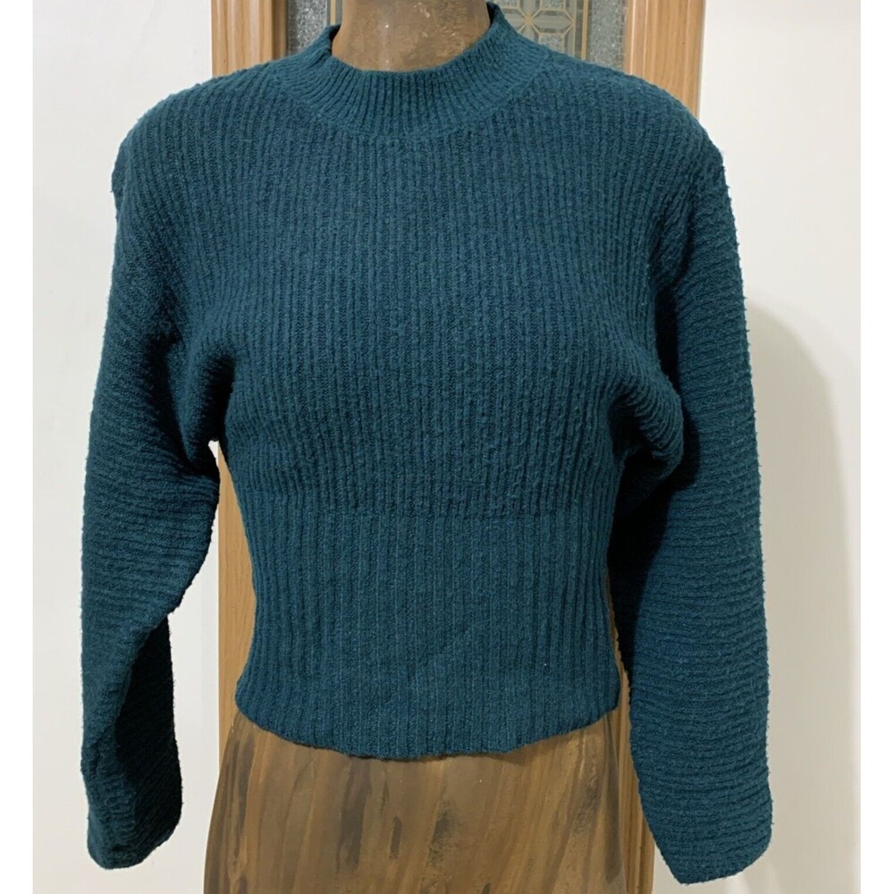 Pink Rose Sweater Women’s XS Green Cropped Recycled Polyester Blend Mock Neck